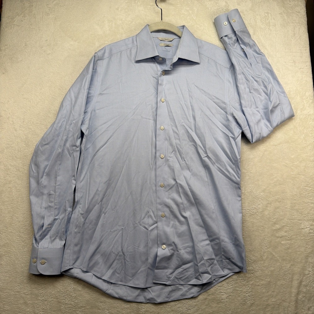 SuitSupply Traveller Dress Shirt Men 15.75 Slim Fit Blue Micro‎ Check Business